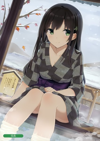 Anime picture 2474x3500 with melonbooks gotyou single long hair tall image looking at viewer highres black hair sitting green eyes traditional clothes japanese clothes light smile scan dutch angle winter snow soaking feet girl plant (plants)