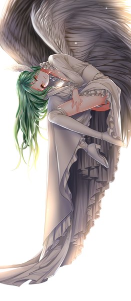 Anime picture 874x2000 with original kokutou mimi single long hair tall image looking at viewer light erotic simple background white background bent knee (knees) long sleeves green hair light smile mole orange eyes high heels leaning angel wings mole under mouth head wings