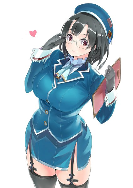 Anime picture 763x1080 with kantai collection takao heavy cruiser yaten single tall image looking at viewer blush short hair black hair simple background red eyes standing white background light smile girl thighhighs skirt uniform black thighhighs miniskirt