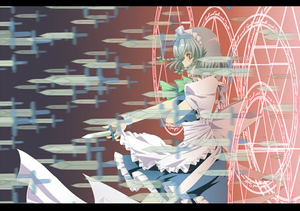 Anime picture 1041x735 with touhou izayoi sakuya single short hair red eyes braid (braids) profile grey hair maid magic girl weapon knife magic circle
