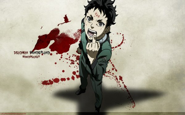 Anime picture 1920x1200 with deadman wonderland igarashi ganta single highres short hair open mouth blue eyes black hair wide image grey background torn clothes screaming boy shoes blood