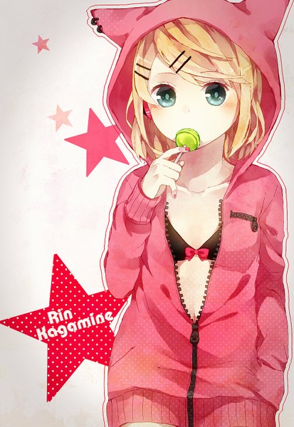 Anime picture 1000x1450 with vocaloid kagamine rin kyonkyoro222 single tall image looking at viewer blush fringe short hair light erotic nail polish aqua eyes fingernails open clothes open jacket character names hand in pocket girl hair ornament food