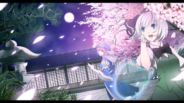 Anime picture 1920x1080 with touhou konpaku youmu saigyouji yuyuko highres open mouth blue eyes wide image multiple girls pink hair traditional clothes cherry blossoms girl skirt 2 girls plant (plants) petals tree (trees) frills moon full moon