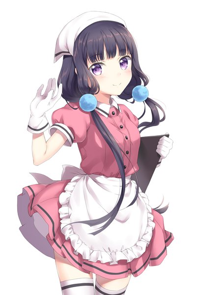Anime picture 740x1096 with blend s a-1 pictures sakuranomiya maika unya (unya-unya) single long hair tall image looking at viewer blush fringe simple background smile white background purple eyes twintails holding purple hair blunt bangs short sleeves low twintails