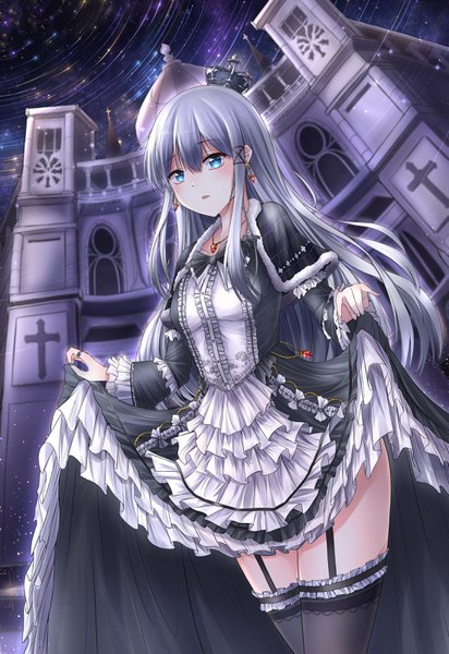 Anime picture 2200x3200 with original hamu (pixiv46045709) single long hair tall image blush fringe highres open mouth blue eyes hair between eyes standing holding payot silver hair outdoors long sleeves night from below zettai ryouiki