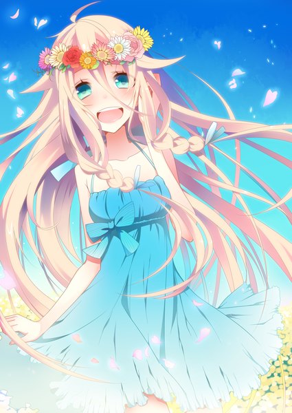 Anime picture 2507x3541 with vocaloid ia (vocaloid) temari (deae) single long hair tall image looking at viewer blush highres open mouth blonde hair bare shoulders green eyes ahoge braid (braids) twin braids girl dress flower (flowers) petals
