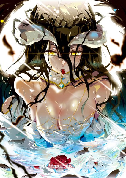 Anime picture 1011x1431 with overlord (maruyama) madhouse albedo (overlord) aloe (kenkou3733) single long hair tall image looking at viewer fringe breasts light erotic black hair hair between eyes large breasts holding signed yellow eyes cleavage horn (horns) copyright name