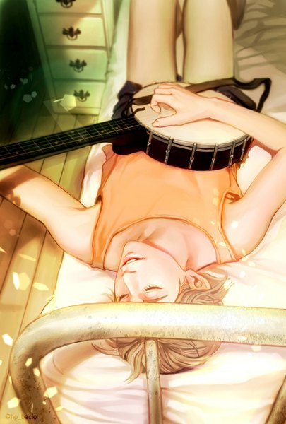 Anime picture 700x1037 with haikyuu!! production i.g tsukishima kei tagme (artist) single tall image short hair open mouth blonde hair indoors lying eyes closed fingernails lips on back playing instrument boy bed musical instrument shelf