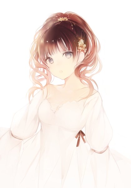 Anime picture 591x844 with original lpip single long hair tall image looking at viewer open mouth simple background brown hair white background ponytail :o grey eyes girl dress hair ornament white dress