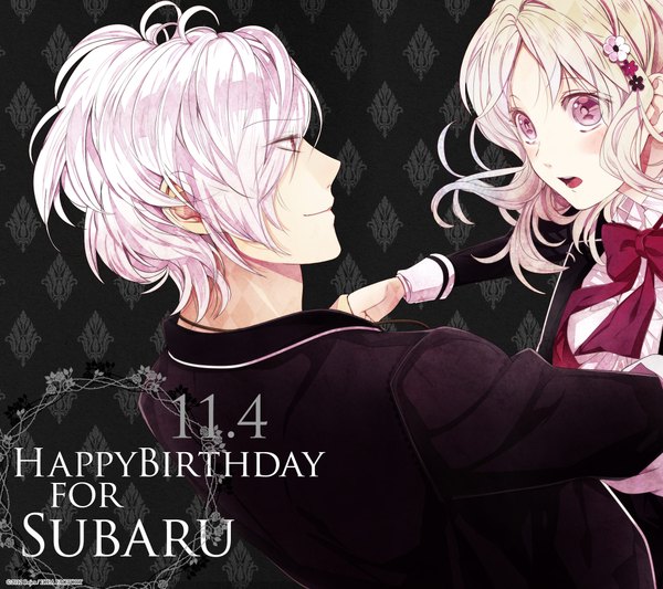 Anime picture 2160x1920 with diabolik lovers idea factory sakamaki subaru komori yui satoi (artist) long hair tall image blush highres short hair open mouth blonde hair smile red eyes white hair pink eyes grey background girl boy hair ornament