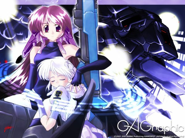 Anime picture 1024x768 with gagraphic nakaji ryo long hair looking at viewer blush short hair red eyes brown hair multiple girls signed white hair eyes closed night copyright name girl gloves 2 girls black gloves elbow gloves fingerless gloves