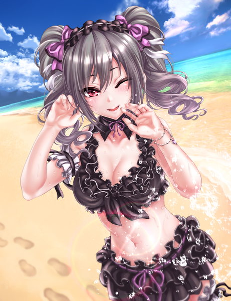 Anime picture 1238x1611 with idolmaster idolmaster cinderella girls kanzaki ranko shashaki single long hair tall image looking at viewer blush fringe breasts open mouth light erotic smile hair between eyes red eyes standing twintails payot sky