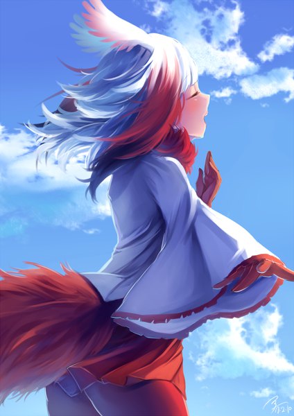 Anime picture 707x1000 with kemono friends crested ibis (kemono friends) kito koruta single tall image blush fringe short hair open mouth signed sky cloud (clouds) white hair red hair blunt bangs eyes closed profile pleated skirt multicolored hair wind