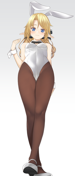 Anime picture 603x1414 with enjo kouhai iris (takunomi) takunomi single long hair tall image looking at viewer blush fringe breasts blue eyes light erotic blonde hair simple background standing animal ears light smile pointy ears from below high heels