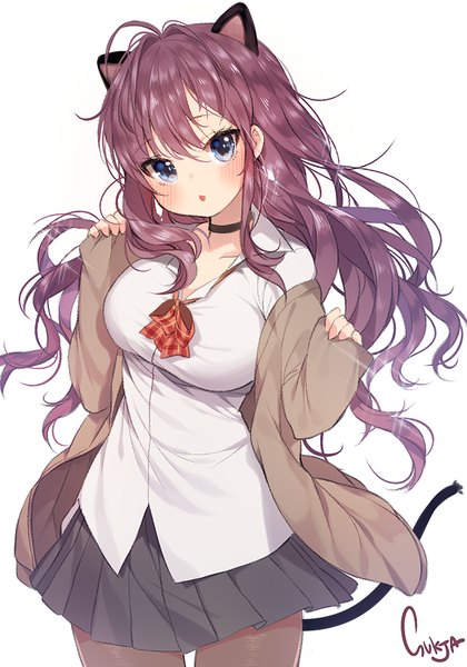 Anime picture 700x1000 with idolmaster idolmaster cinderella girls ichinose shiki sorolp single long hair tall image looking at viewer blush fringe breasts blue eyes simple background hair between eyes large breasts standing white background signed animal ears pink hair