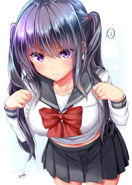 Anime picture 800x1119 with original mokufuu single long hair tall image looking at viewer blush fringe breasts simple background hair between eyes large breasts standing white background purple eyes signed purple hair long sleeves pleated skirt midriff