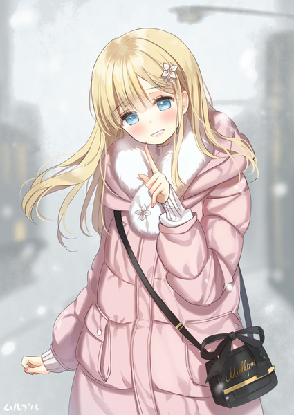 Anime picture 1000x1412 with original haruri single long hair tall image looking at viewer blush fringe blue eyes blonde hair outdoors head tilt blurry depth of field finger to mouth snowing winter girl jacket scarf