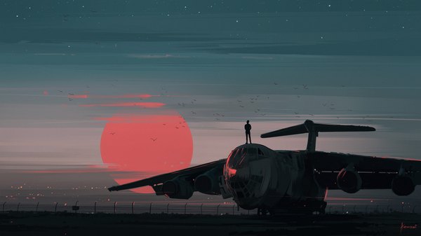 Anime picture 1920x1080 with original aenami single highres wide image standing signed sky cloud (clouds) wallpaper evening sunset scenic ambiguous gender animal bird (birds) star (stars) sun aircraft airplane