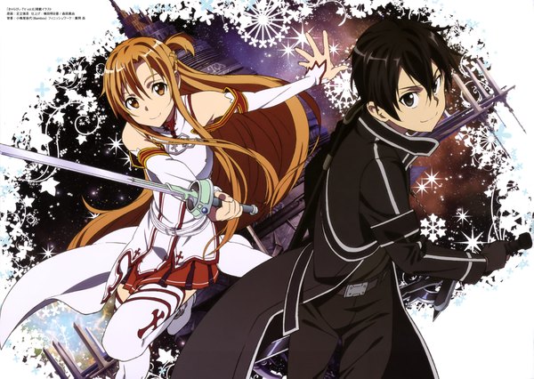 Anime picture 4066x2890 with sword art online a-1 pictures yuuki asuna kirigaya kazuto adachi shingo long hair looking at viewer highres short hair black hair brown hair brown eyes absurdres black eyes scan official art couple girl thighhighs boy