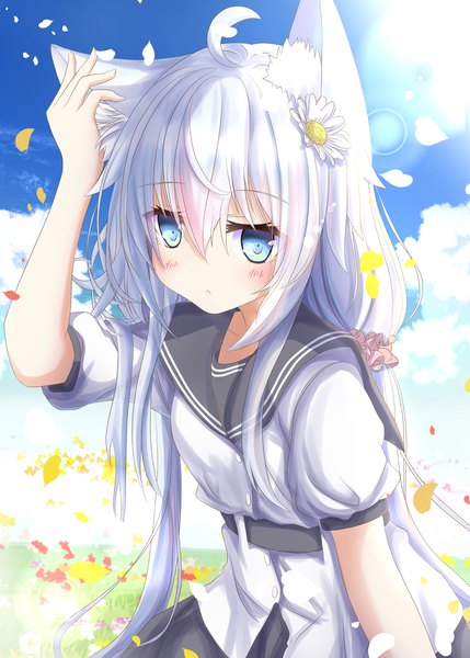 Anime picture 1332x1864 with kantai collection hibiki destroyer verniy destroyer aruka (alka p1) single long hair tall image blush fringe blue eyes hair between eyes twintails animal ears sky silver hair cloud (clouds) ahoge outdoors embarrassed low twintails