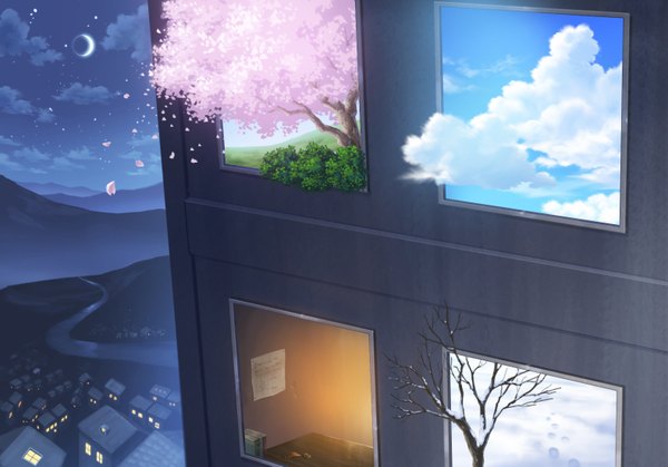 Anime-Bild 1576x1103 mit whyto (artist) sky cloud (clouds) wind night night sky cherry blossoms city winter snow mountain landscape summer crescent autumn spring plant (plants) petals tree (trees) window