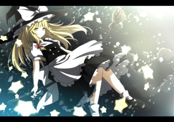 Anime picture 1000x705 with touhou kirisame marisa itoo (artist) single long hair blonde hair yellow eyes letterboxed witch girl dress skirt star (symbol) witch hat skirt set broom
