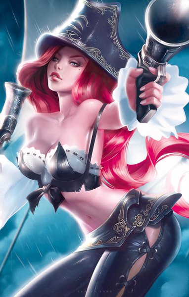Anime picture 1024x1606 with league of legends miss fortune (league of legends) janice sung long hair tall image looking at viewer blue eyes light erotic bare shoulders holding red hair parted lips lips realistic tattoo leaning leaning forward wavy hair rain girl
