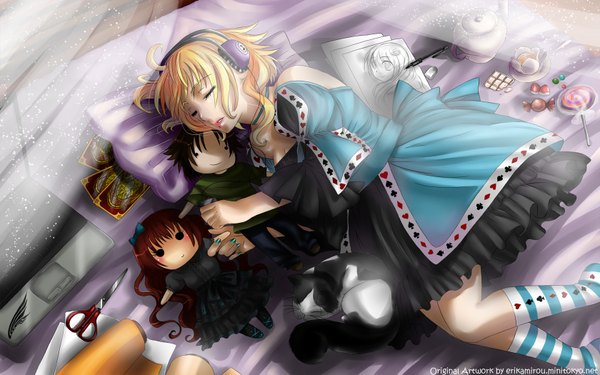 Anime picture 1680x1050 with original blonde hair wide image eyes closed sleeping lolita fashion dress food frills headphones bed curtains cat drink candy card (cards) doll (dolls) tea computer