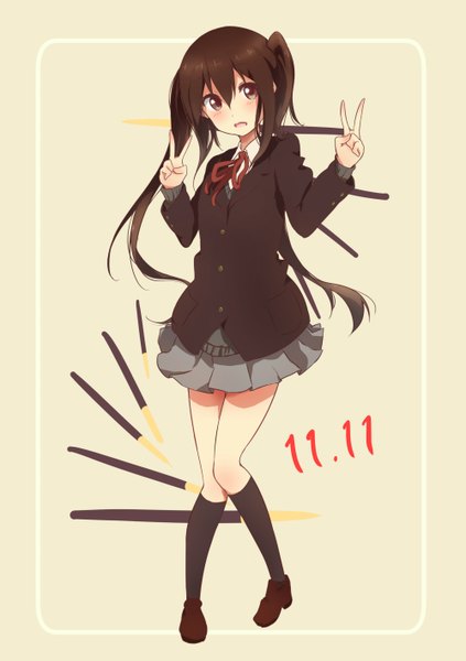 Anime picture 1000x1419 with k-on! kyoto animation nakano azusa pachi (sugiyama0306) single long hair tall image blush open mouth brown hair twintails brown eyes looking away grey background victory pocky day girl uniform school uniform socks