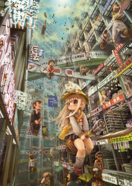 Anime picture 2118x2993 with original john hathway long hair tall image blush highres blue eyes blonde hair multiple girls payot looking away sky pleated skirt scan multiple boys city solo focus cityscape flying steam