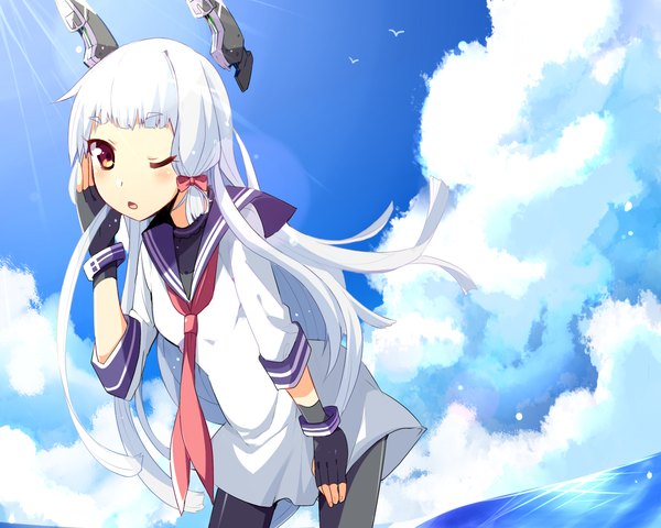 Anime picture 1280x1024 with kantai collection murakumo destroyer enperaa single long hair looking at viewer blush breasts brown eyes sky cloud (clouds) white hair parted lips one eye closed fingernails wink sunlight leaning leaning forward sunbeam
