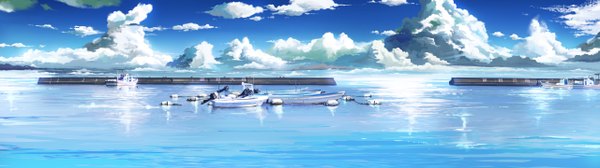 Anime picture 2560x720 with original gom jabbar highres wide image sky cloud (clouds) no people landscape long image water sea watercraft boat