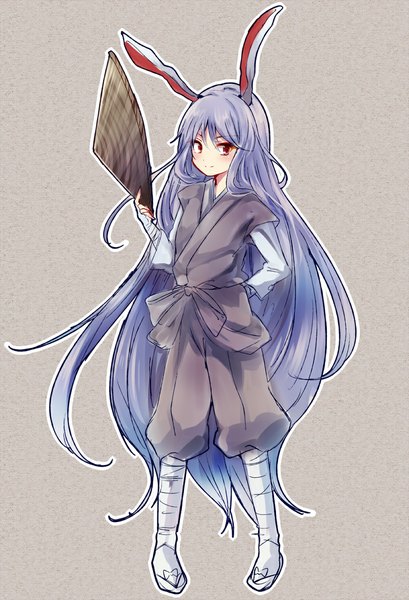 Anime picture 800x1173 with touhou reisen udongein inaba uranaishi (miraura) single tall image looking at viewer blush simple background smile red eyes animal ears purple hair very long hair traditional clothes japanese clothes bunny ears alternate costume hand on hip hat removed headwear removed