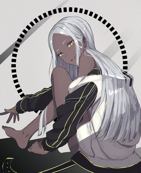 Anime picture 1674x2054 with original wakahiko single long hair tall image sitting yellow eyes silver hair barefoot dark skin girl jacket