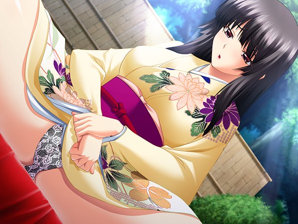 Anime picture 1200x900 with school 3 (game) long hair light erotic black hair purple eyes game cg girl underwear panties yukata