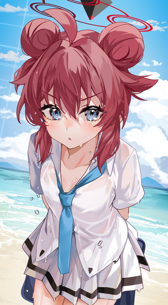 Anime picture 1981x3586 with blue archive maki (blue archive) shiromoca single tall image looking at viewer fringe highres short hair blue eyes hair between eyes sky cloud (clouds) ahoge red hair pleated skirt hair bun (hair buns) leaning leaning forward beach