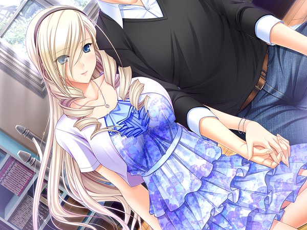 Anime picture 1024x768 with walkure romanze celia kumani entory long hair blue eyes game cg white hair couple drill hair head out of frame girl dress boy hairband