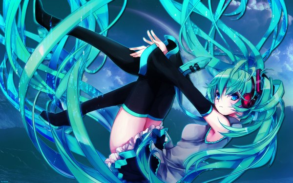 Anime picture 1440x900 with vocaloid hatsune miku kvacm single looking at viewer blue eyes wide image very long hair aqua hair zettai ryouiki photo background girl thighhighs skirt black thighhighs detached sleeves miniskirt frills headphones