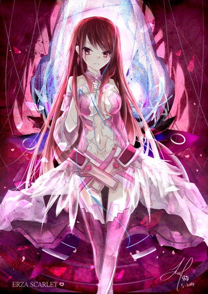 Anime picture 2095x2963 with fairy tail erza scarlet sanae (jomill04) single long hair tall image blush fringe highres breasts light erotic red eyes standing bare shoulders signed looking away cleavage red hair alternate costume legs