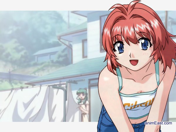 Anime picture 1024x768 with onegai teacher open mouth blue eyes smile navel jeans tank top