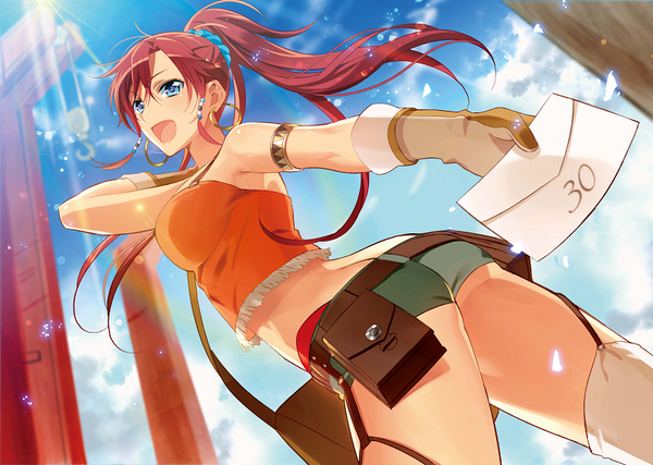 Anime picture 800x570 with suisei no gargantia production i.g bellows (suisei no gargantia) murakami yuichi single long hair looking at viewer blush fringe breasts open mouth blue eyes light erotic hair between eyes large breasts standing bare shoulders sky cloud (clouds) ahoge