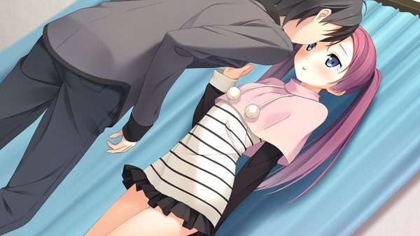 Anime picture 1920x1080 with your diary nagamine tomoki fujimura natsuki kantoku long hair blush highres short hair blue eyes black hair wide image twintails game cg purple hair couple girl dress boy