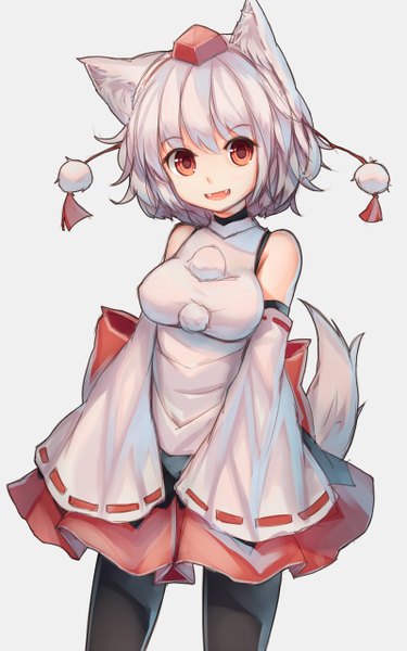 Anime picture 800x1280 with touhou inubashiri momiji shone single tall image looking at viewer short hair open mouth simple background red eyes bare shoulders animal ears white hair tail animal tail grey background teeth fang (fangs) wolf ears wolf tail