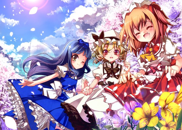 Anime picture 3000x2143 with touhou yousei daisensou star sapphire luna child sunny milk sho (runatic moon) blush highres blonde hair smile red eyes multiple girls yellow eyes sky cloud (clouds) eyes closed multicolored hair teeth loli fang (fangs)