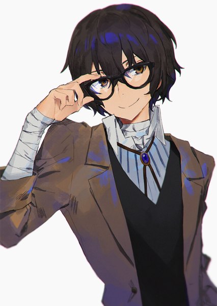 Anime picture 639x900 with bungou stray dogs studio bones dazai osamu (bungou stray dogs) hirota tsuu single tall image fringe short hair simple background smile brown hair white background brown eyes looking away head tilt open collar adjusting glasses boy glasses bandage (bandages)