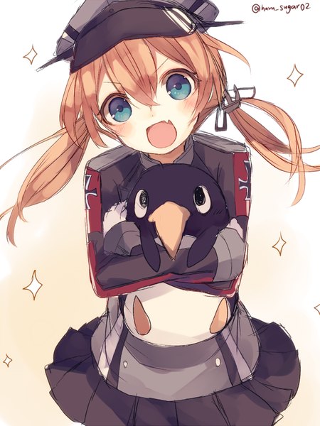 Anime picture 600x800 with kantai collection prinz eugen (kantai collection) failure penguin (kantai collection) shugao single long hair tall image looking at viewer open mouth blonde hair simple background hair between eyes twintails signed :d aqua eyes sparkle fang (fangs) >:d girl