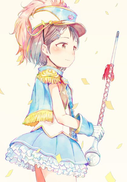 Anime picture 700x1003 with idolmaster idolmaster cinderella girls sasaki chie gomennasai single tall image blush short hair simple background brown hair standing white background brown eyes looking away marching melodies girl skirt miniskirt hairclip cape