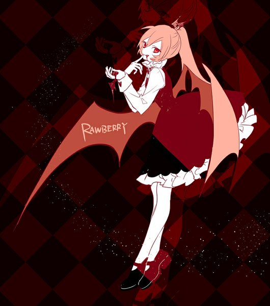 Anime picture 784x888 with haiiro teien rawberry io (sinking=carousel) you (roka) single long hair tall image looking at viewer fringe red eyes pink hair ponytail teeth fang (fangs) character names finger to mouth bat wings rhombus girl dress