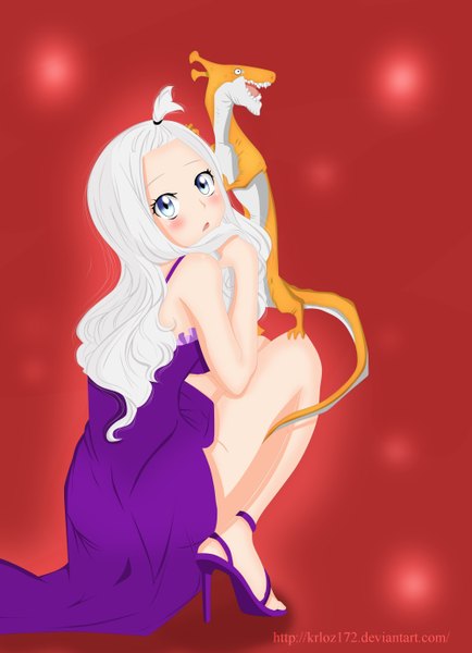 Anime picture 2000x2761 with fairy tail mirajane strauss krloz172 single long hair tall image blush highres open mouth blue eyes ahoge white hair looking back coloring squat girl dress dragon