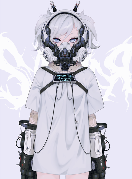 Anime picture 2000x2700 with original mazamuno single tall image looking at viewer fringe highres short hair simple background hair between eyes standing grey hair grey eyes mecha musume mechanical arms girl t-shirt cable respirator